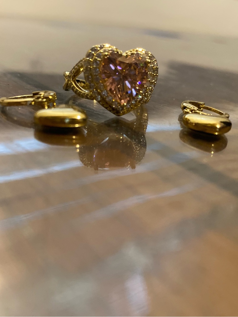 Gold Heart Ring with heart earrings-Pink Centerstone - Women Jewelry
